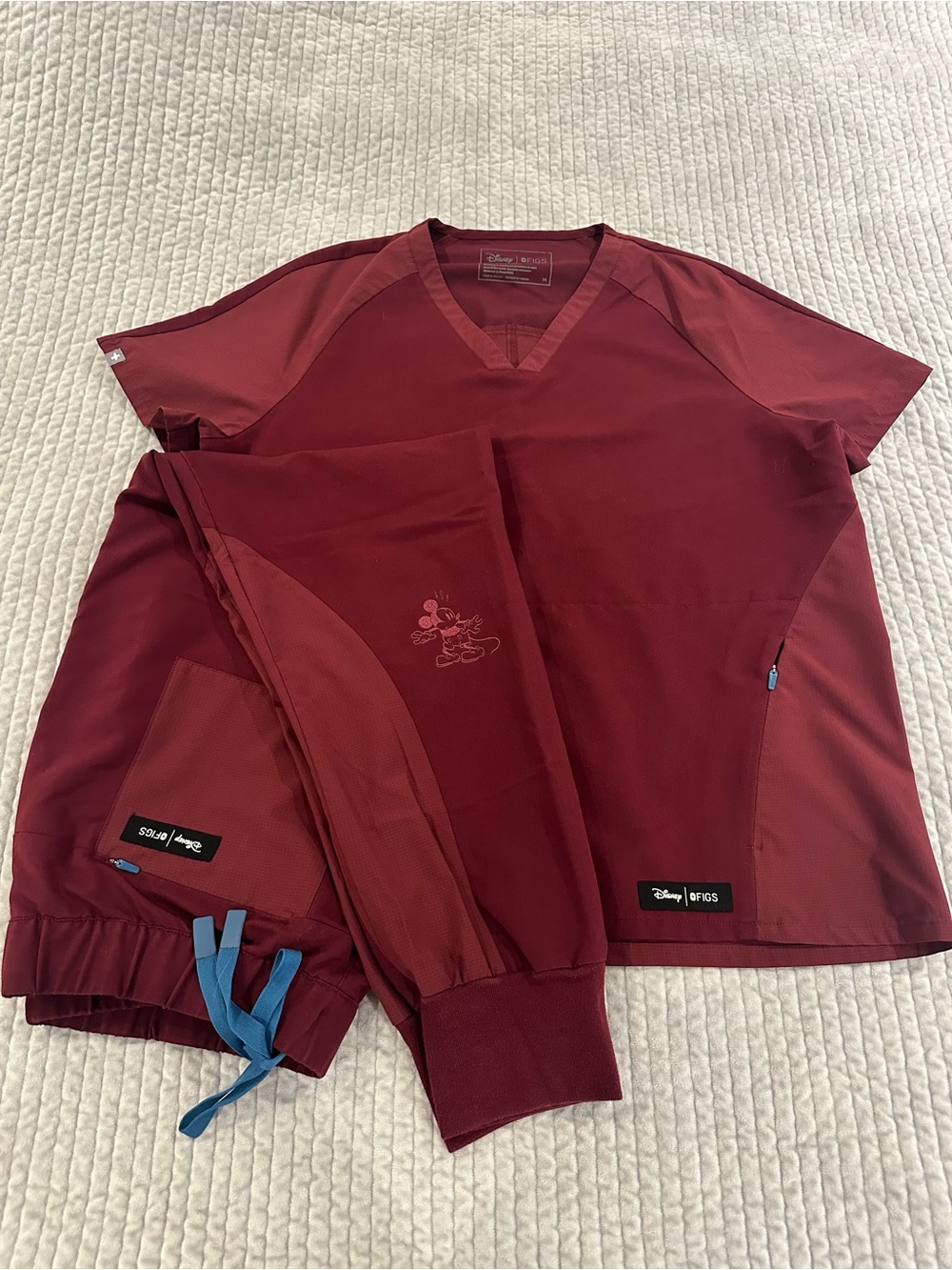 Figs x Disney collab Women's Burgundy Scrub Set w/ Mickey Mouse embroidery